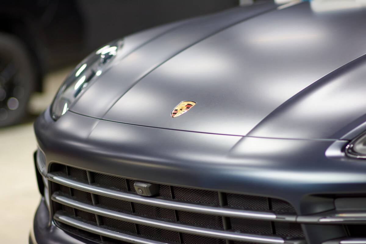 Front of a grey Porsche