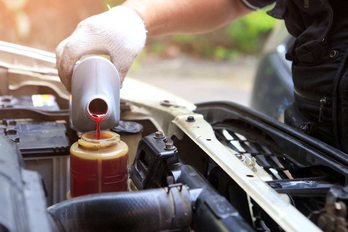 Fluid being topped up under the hood