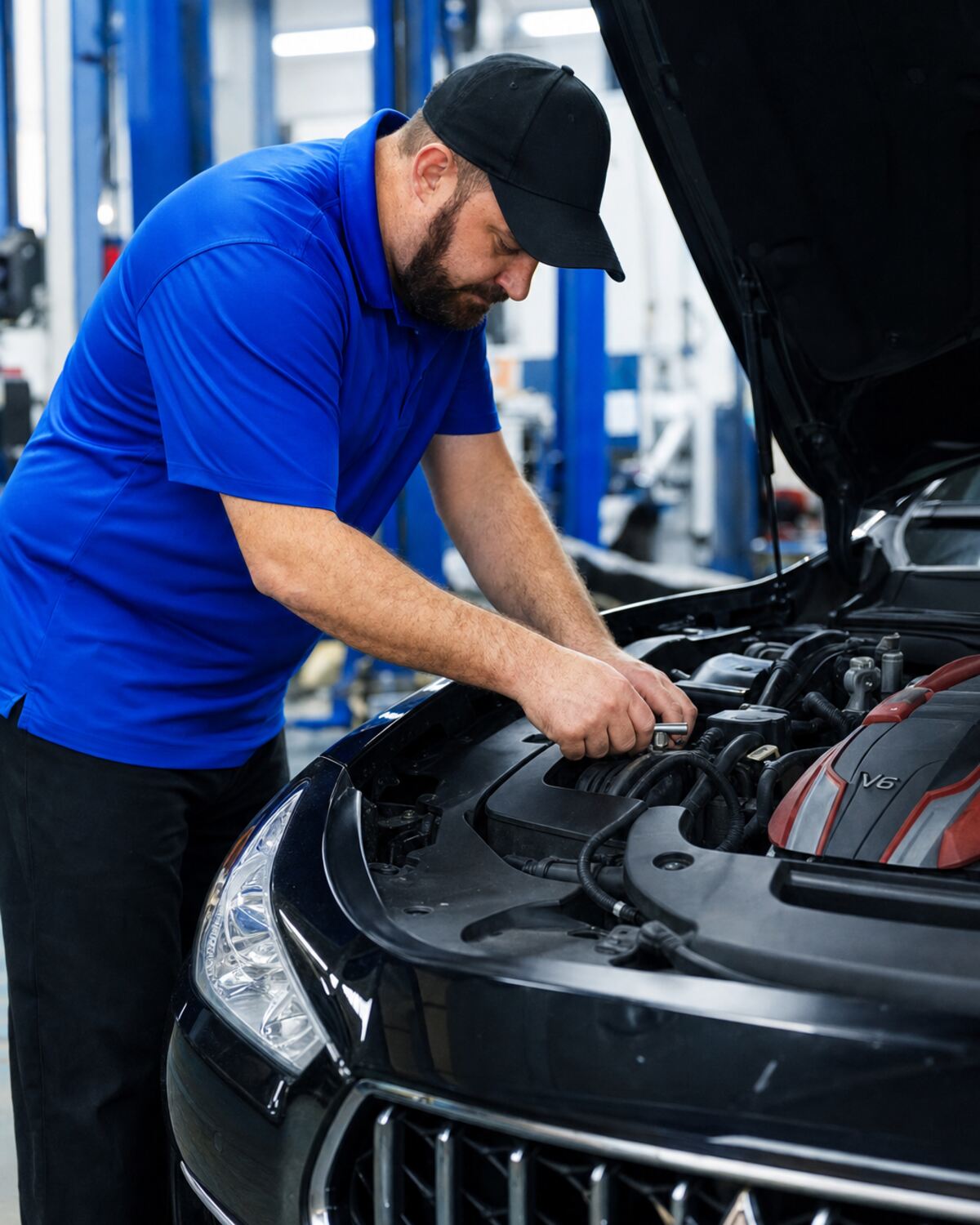 A technician working in the engine bay of a black Maserati